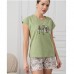Піжама жіноча шорти і футболка Коти зелена 15298