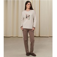 Піжама жіноча штани та джемпер бежева з малюнком 19255