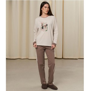 Піжама жіноча штани та джемпер бежева з малюнком 19255