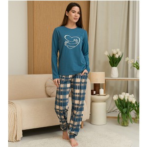 Піжама жіноча штани та джемпер бірюзова в клітинку 19499