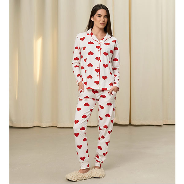 Піжама жіноча штані і сорочка молочка в сердечко 19179 Піжама жіноча штані і сорочка молочка в сердечко 19179