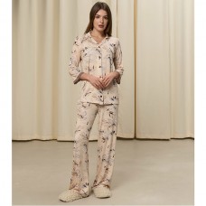 Піжама жіноча штані і сорочка бежева з малюнком 19181