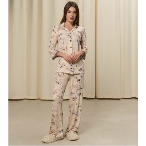 Піжама жіноча штані і сорочка бежева з малюнком 19181